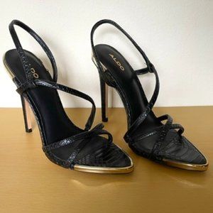 Aldo 'Riaweena' Womens Strappy Sandals - Stiletto Heel - Black & Gold - Size 5